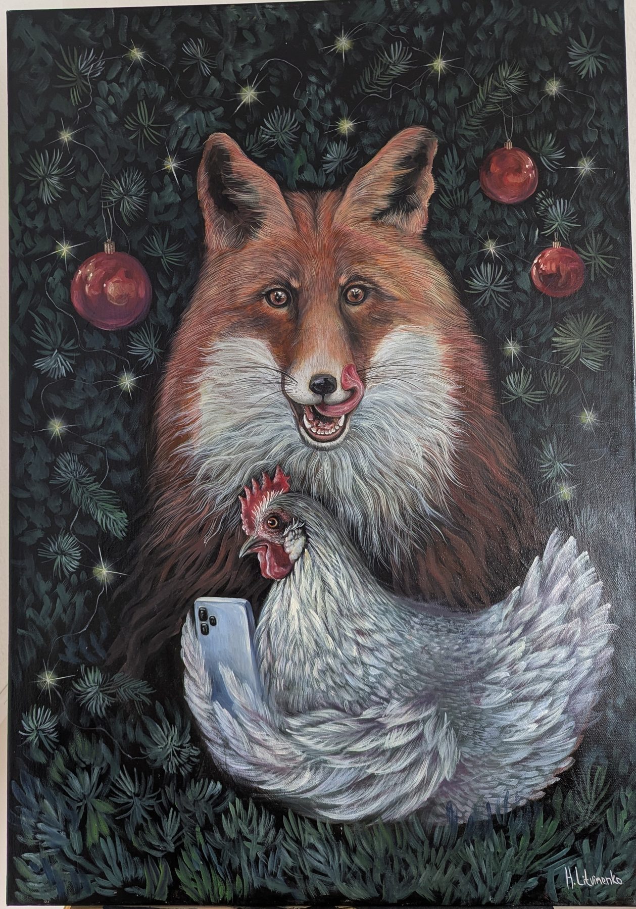 Auftragsarbeit Fuchs und Huhn — Öl auf Leinwand