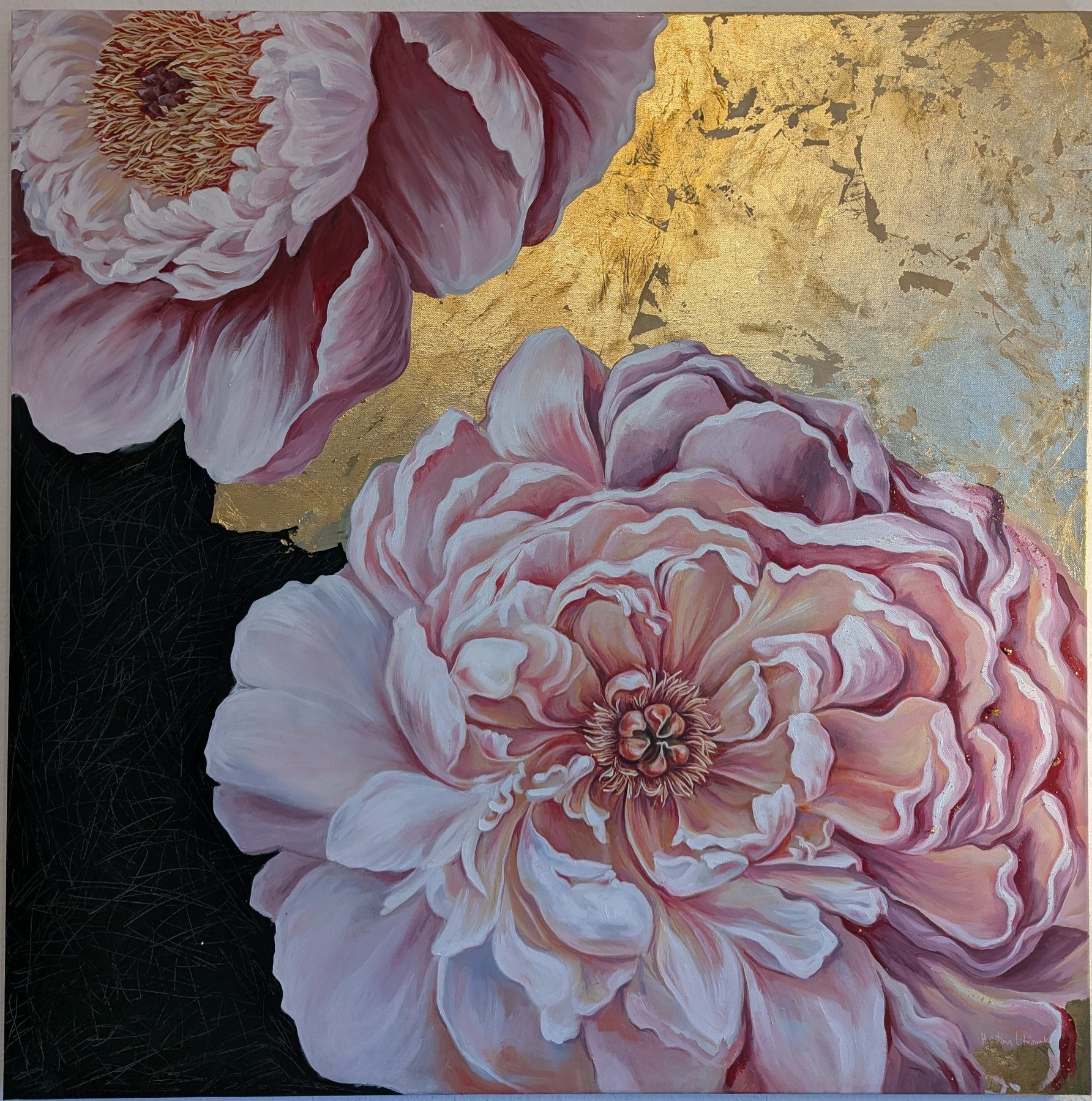 Pfingstrosen in Öl mit Blattgold — Referenz Acryl- und Ölkurs
